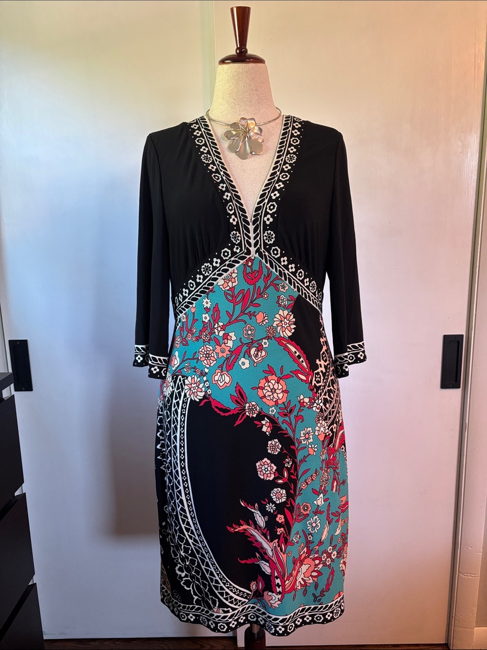 Donna Morgan Black and White V-Neck Dress with Colorful Accent Print
